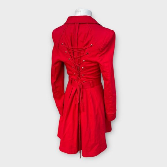 Elevenses Pansy Red Corset Back Lace Up Pleated Belted Trench Coat Women's sz 12 - Picture 6 of 15